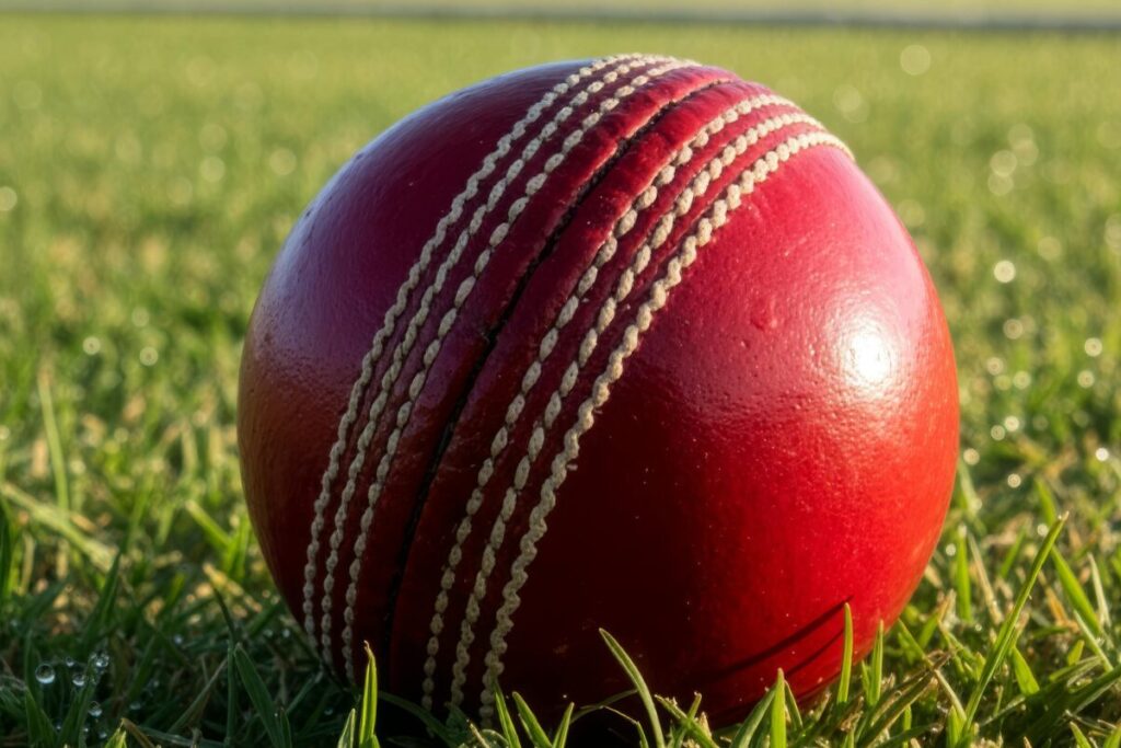 Close-up of a vibrant red cricket ball on a grass field, ideal for sports themes.